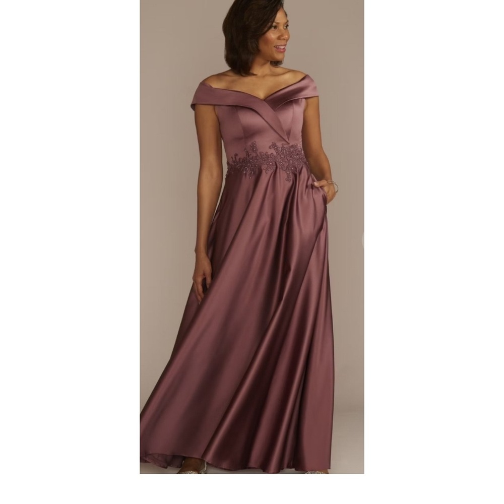 Oleg Cassini Rosewood Satin Off the Shoulder Embroidered Gown 18W Formal